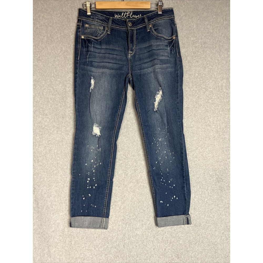 Wallflower Jeans Women 11 Blue Skinny Denim Destroyed Paint Cuffed Ripped Preppy